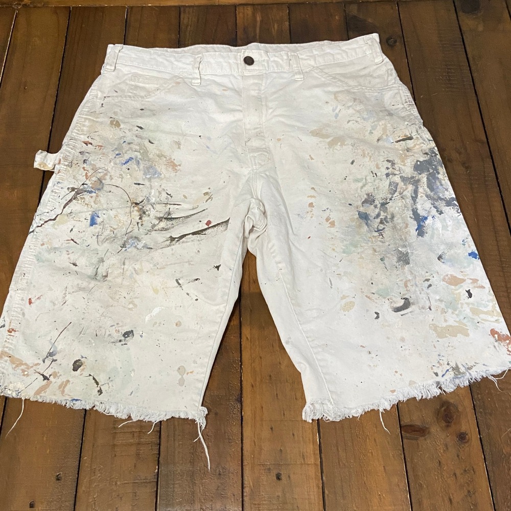 Vintage Dickies Painter Shorts Mens 35 White Paint Splatter Carpenter Cut Off
